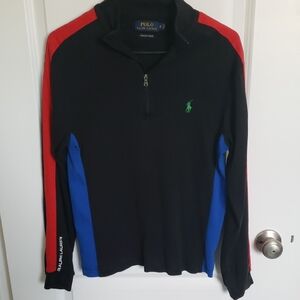 Polo by Ralph Lauren Men's Black Zip-Up Sweater with Red and Blue Accents